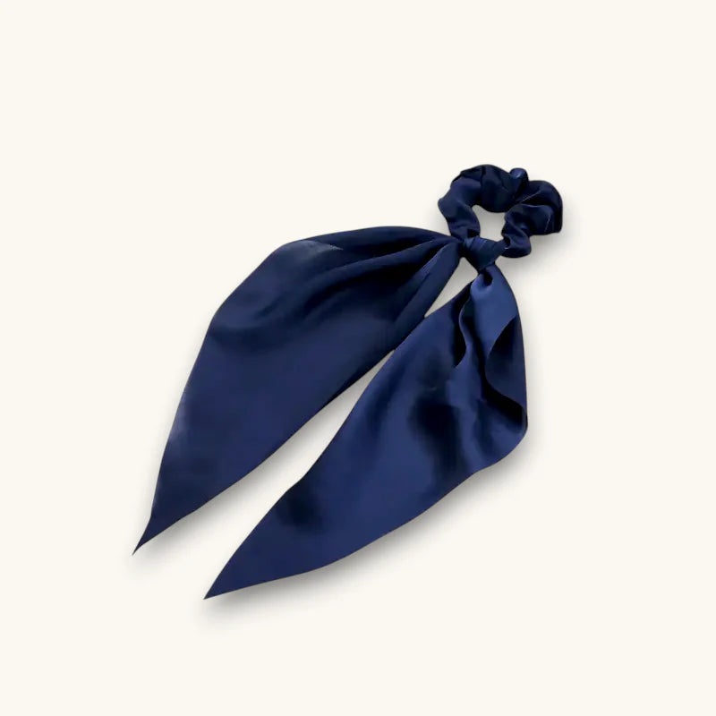 Navy blue satin ribbon scrunchie with tied bow, Blue Scarf Scrunchie