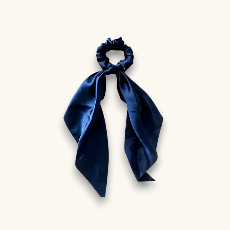 Deep navy satin scrunchie with flowing tied ribbon, Blue Scrunchie