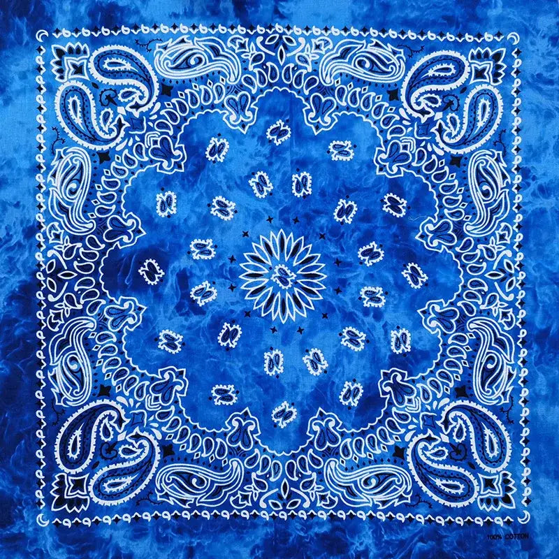 Blue silk bandana scarf with white paisley, floral patterns, starburst