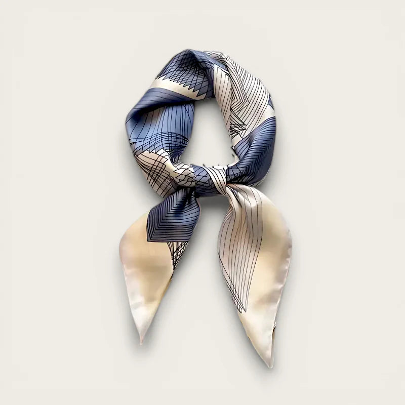 Blue white silk scarf with delicate geometric pattern in blue and cream