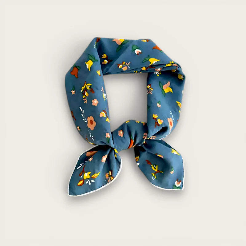 Blue womens cotton scarf in navy silk with floral pattern and white trim
