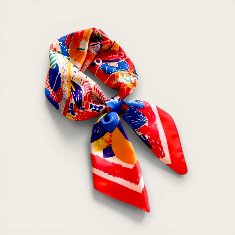 Vibrant Bohemian Scarf in bold red blue orange abstract silk bow