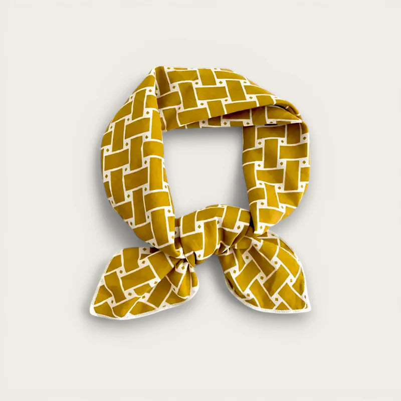 Boho Cotton Scarf in mustard yellow with white geometric weave, neatly knotted