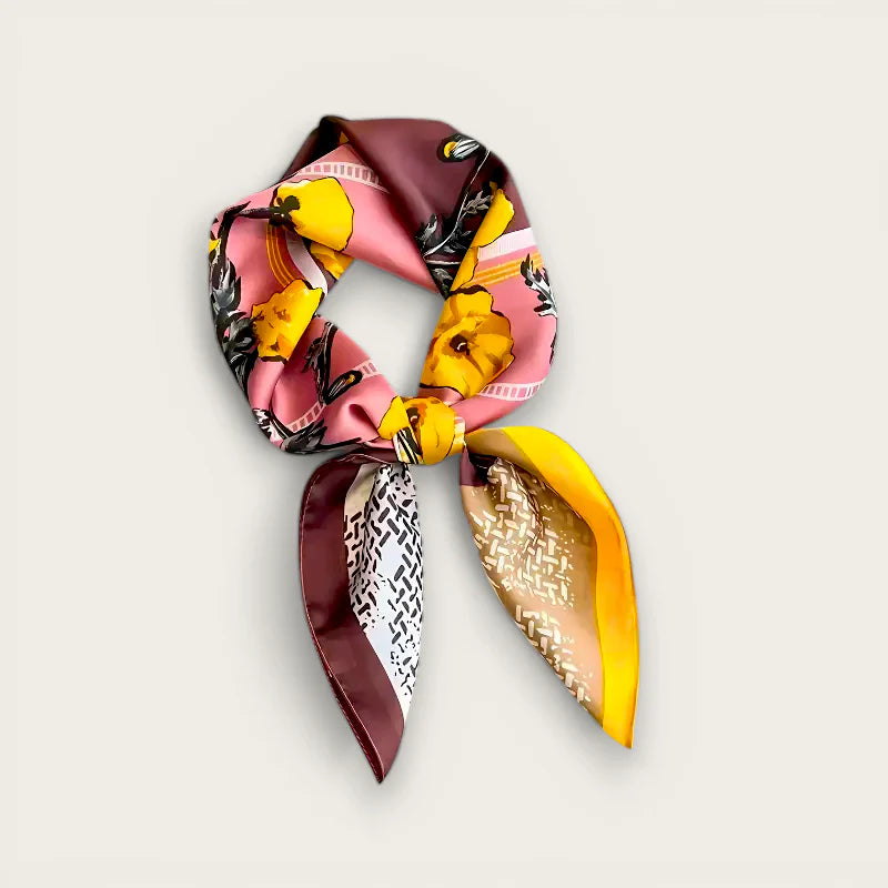 Boho hair scarf in vibrant pink yellow floral silk with maroon border