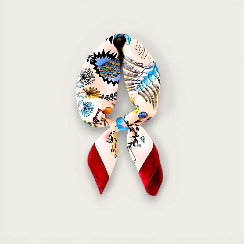 Boho head scarf: vibrant silk with birds, botanicals in blue, gold, red tips