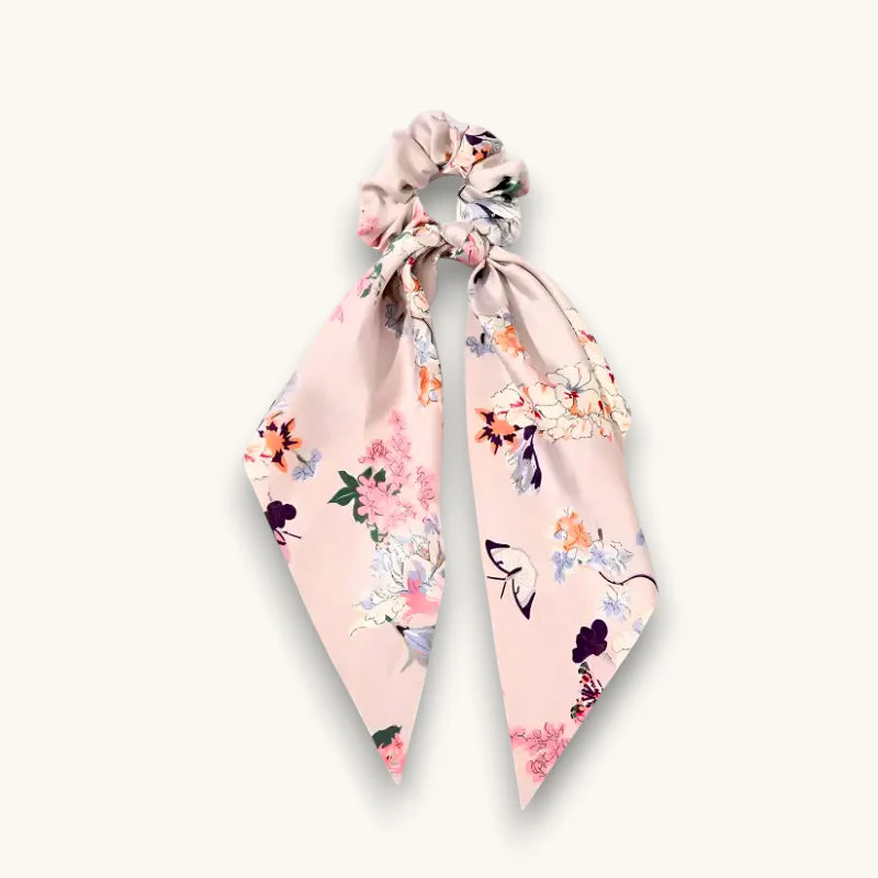 Delicate pink Bow Scarf Scrunchie with floral bow, blossoms, butterflies