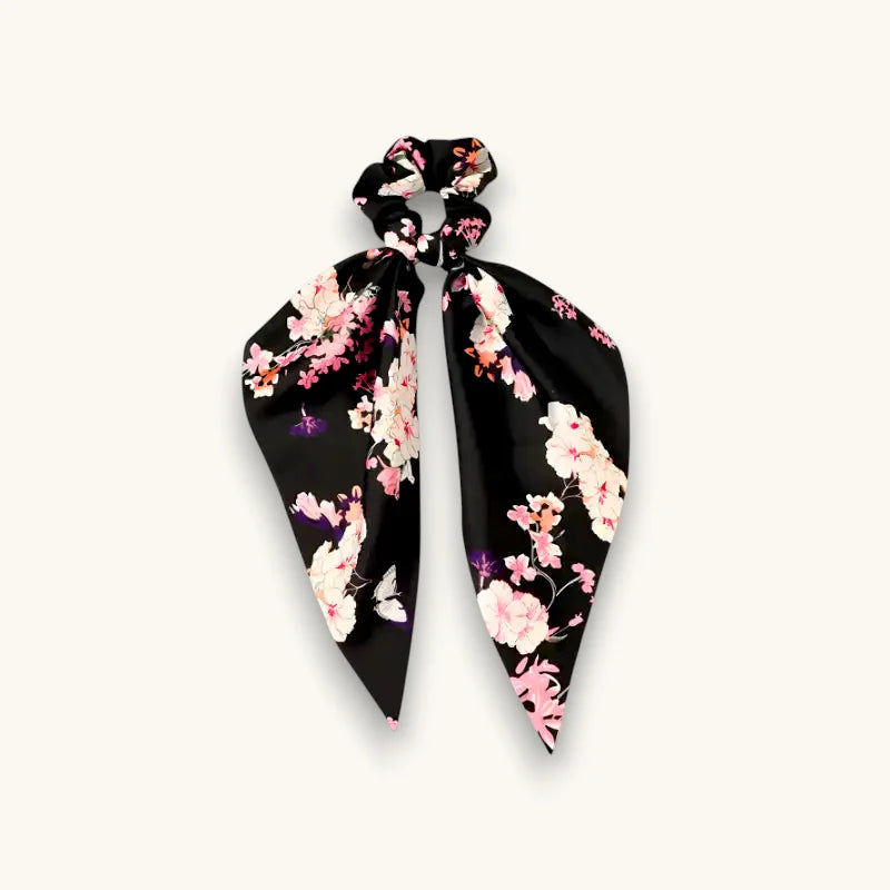 Black satin Bow Tie Scarf scrunchie with pink white purple floral pattern