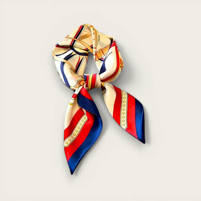 Bright Color Scarf: cream silk with red, navy stripes, gold details