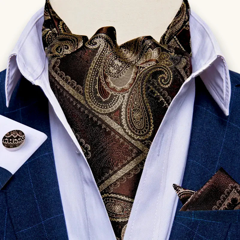 Elegant brown and gold paisley silk cravat for Brown Ascot Scarf