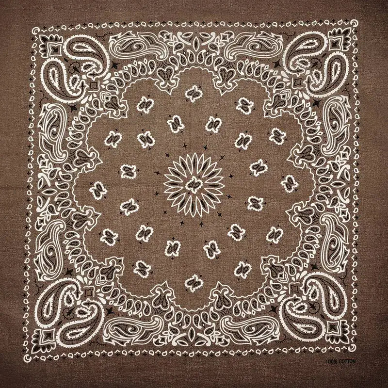 Brown bandana scarf with intricate white and dark brown paisley patterns
