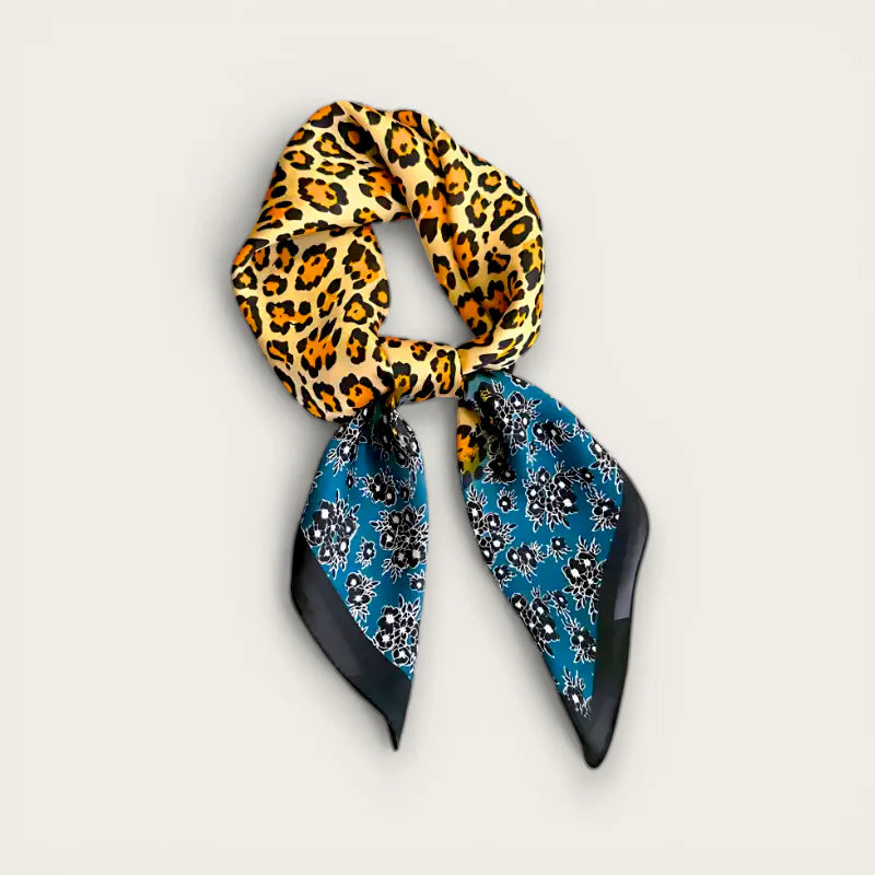 Brown blue leopard scarf with vibrant two-toned silk leopard and floral print