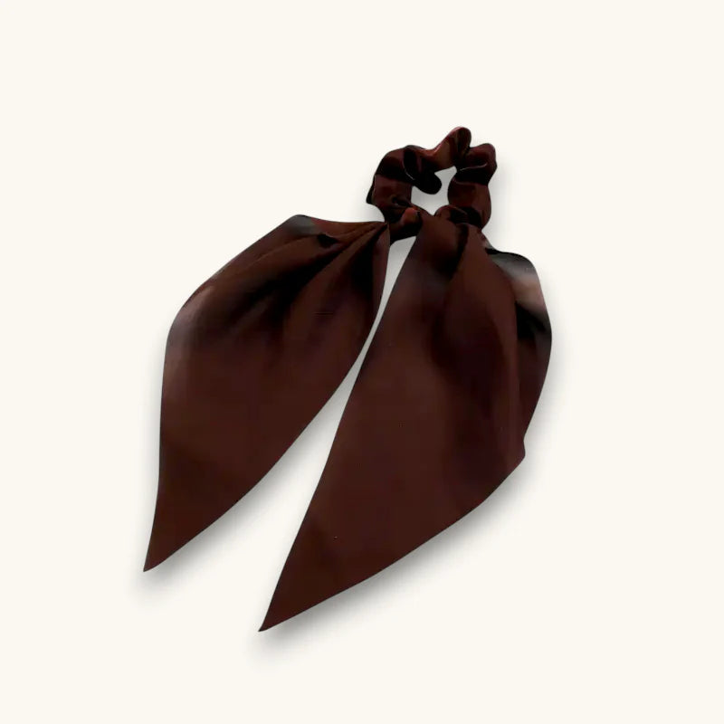 Brown Bow Scrunchie with deep brown satin scrunchie and long flowing ribbon tail