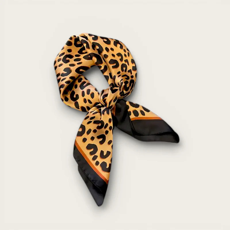 Brown leopard print silk scarf with tan, black pattern and satin finish