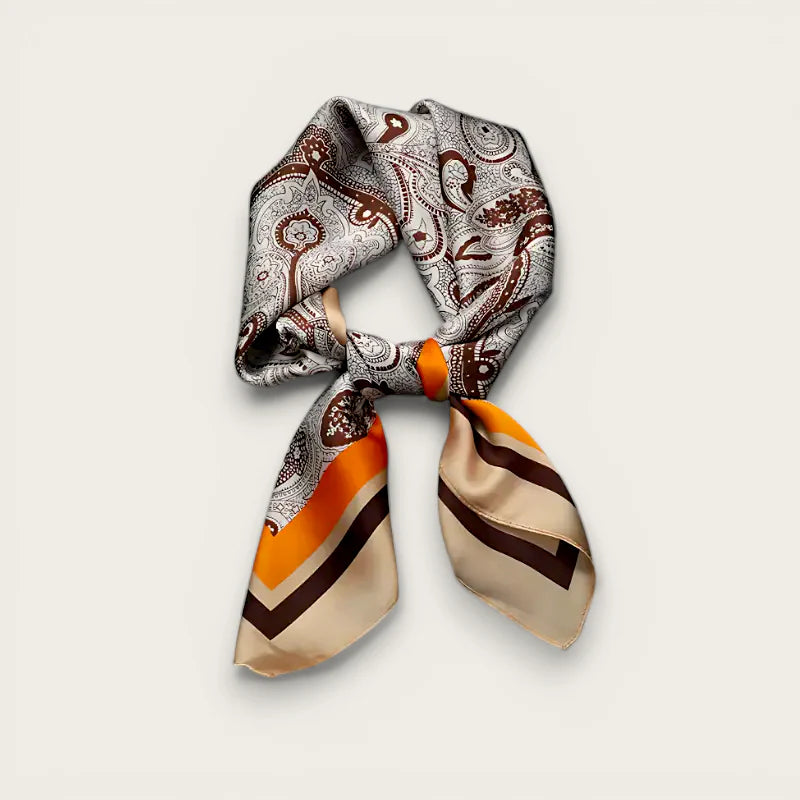 Luxurious brown neck scarf with paisley pattern and orange stripes