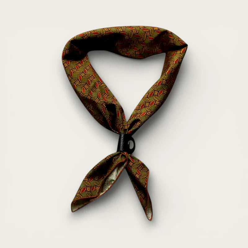 Dark olive green silk Brown Neckerchief with rust gold geometric pattern, knotted
