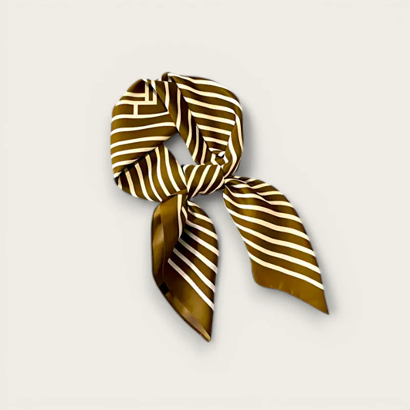 Elegant olive green and cream striped silk scarf in neat knot