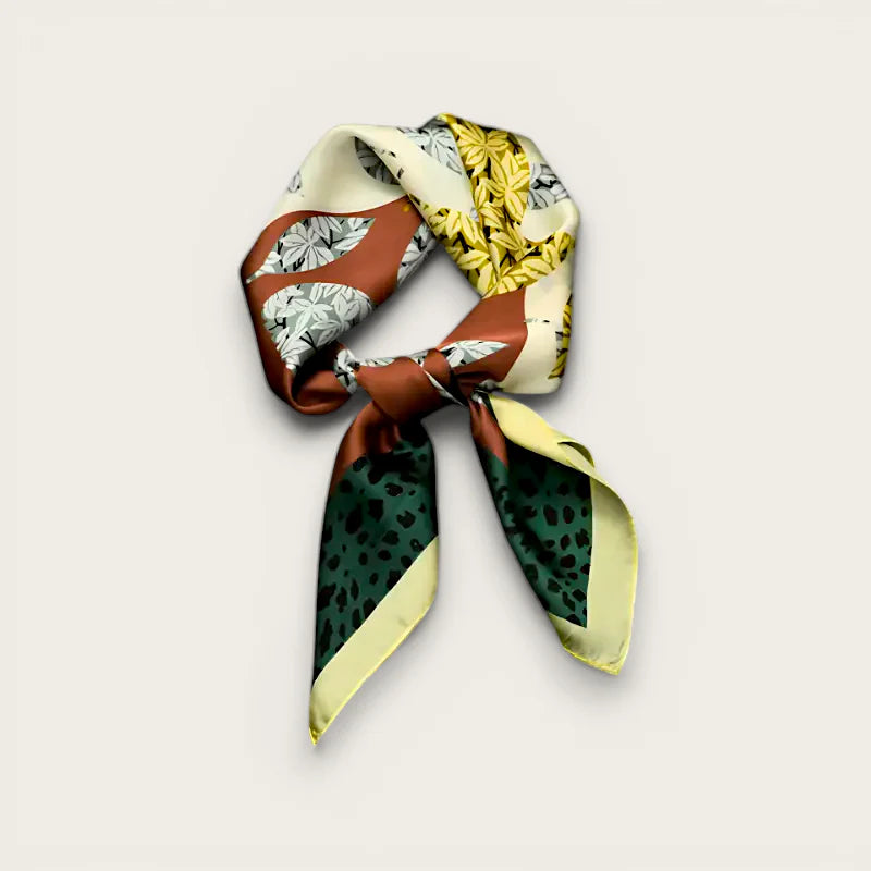 Brown square silk scarf with vibrant botanical and animal prints