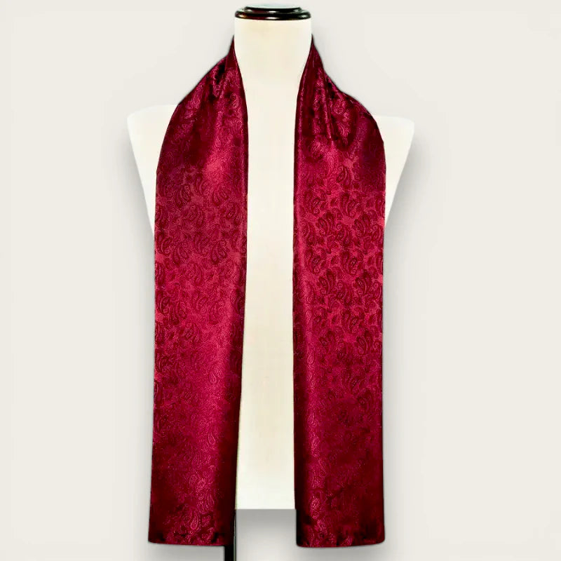 Burgundy silk scarf for men with intricate paisley pattern on mannequin