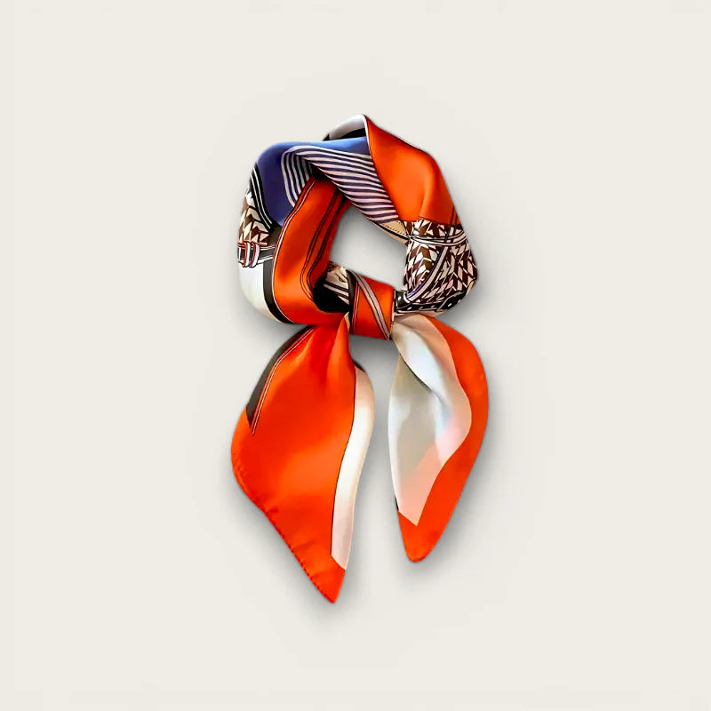 Burnt orange silk scarf with navy, white, brown geometric stripes