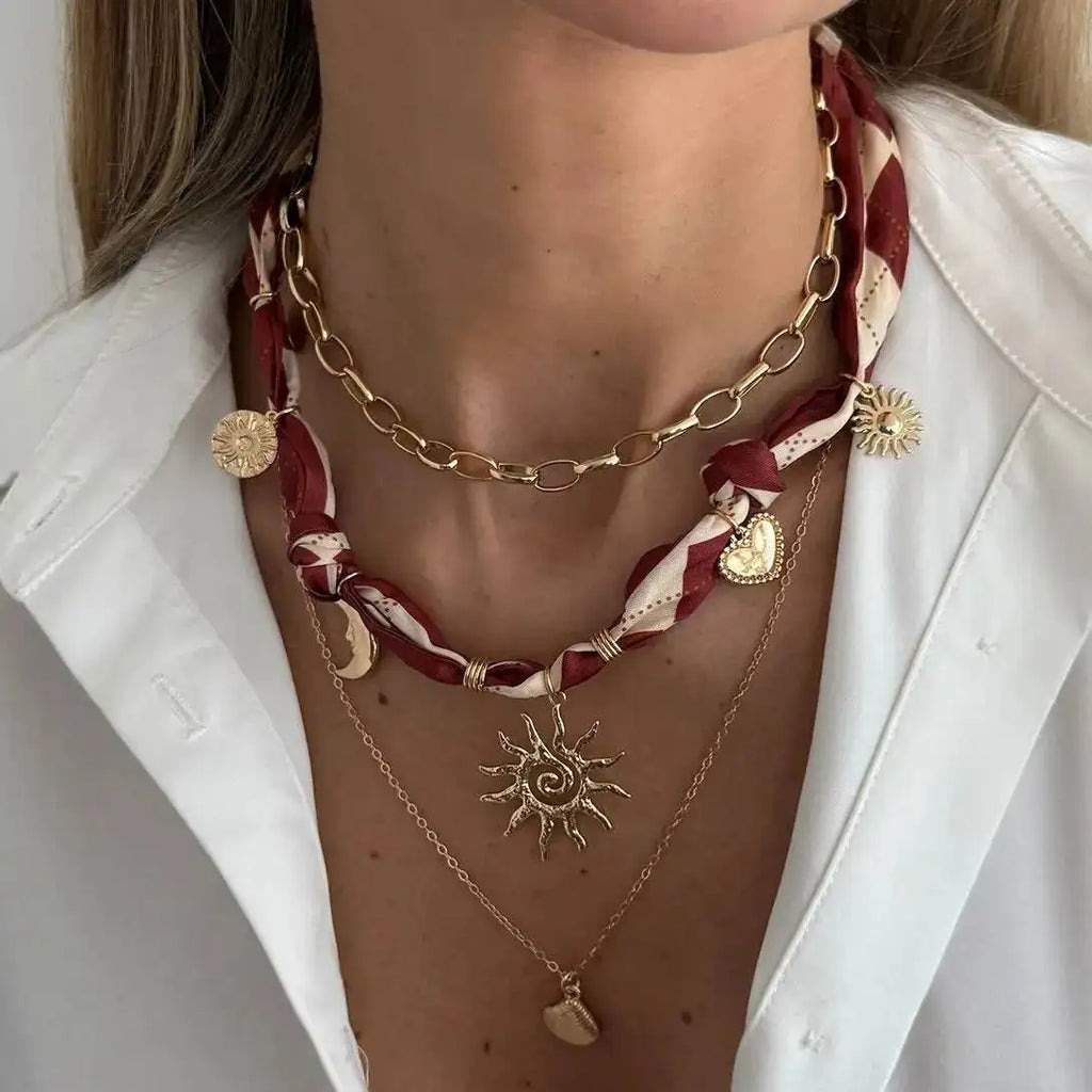 Chain Scarf Necklace with layered gold chains, sun moon charms, ribbon tie