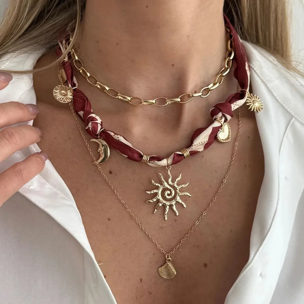 Chain Scarf Necklace with gold layers, maroon cream silk braid, sun moon shell teardrop charms