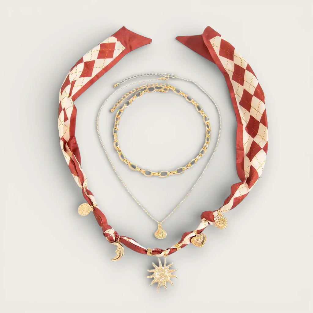 Red and cream argyle silk Chain Scarf Necklace with gold celestial charms