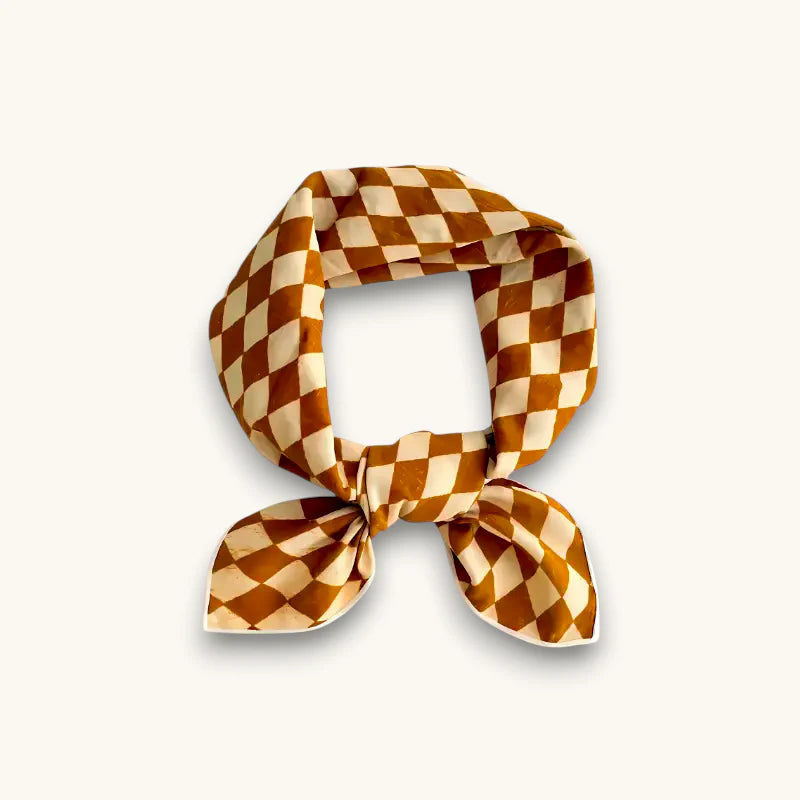 Elegant brown and cream diamond checkered cotton scarf in satin-like knot