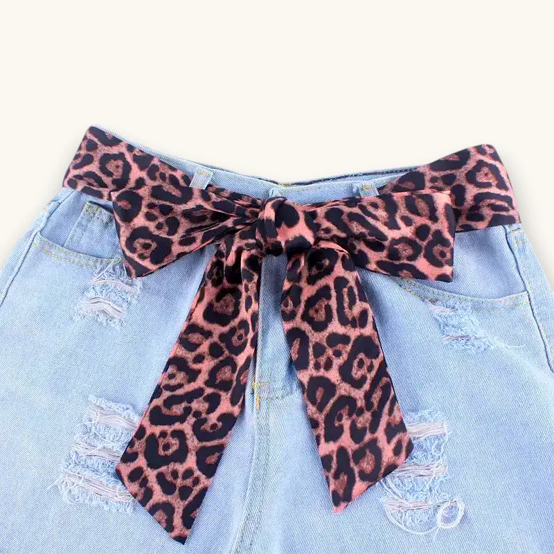 Pink black leopard print satin bow belt on Cheetah Scarf Belt denim shorts