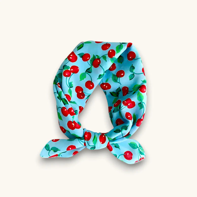 Light blue silk Cherry Print Cotton Scarf with red cherries and green leaves knot