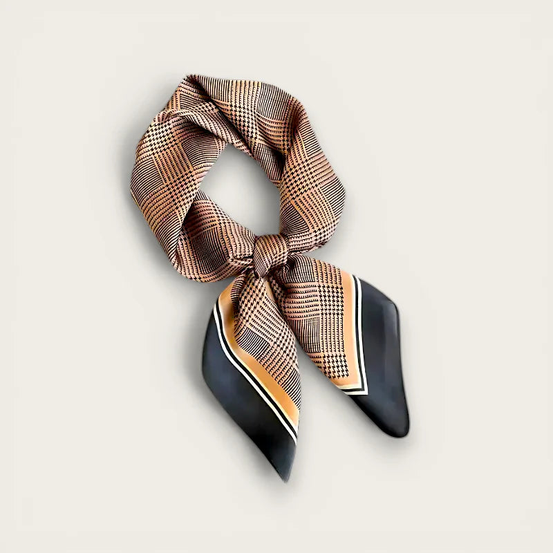 Chic Hair Scarf: beige and black plaid silk with modern design