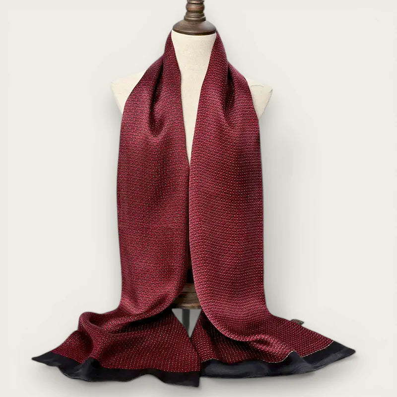Chic Mens Silk Scarf in rich burgundy with textured weave and black satin trim