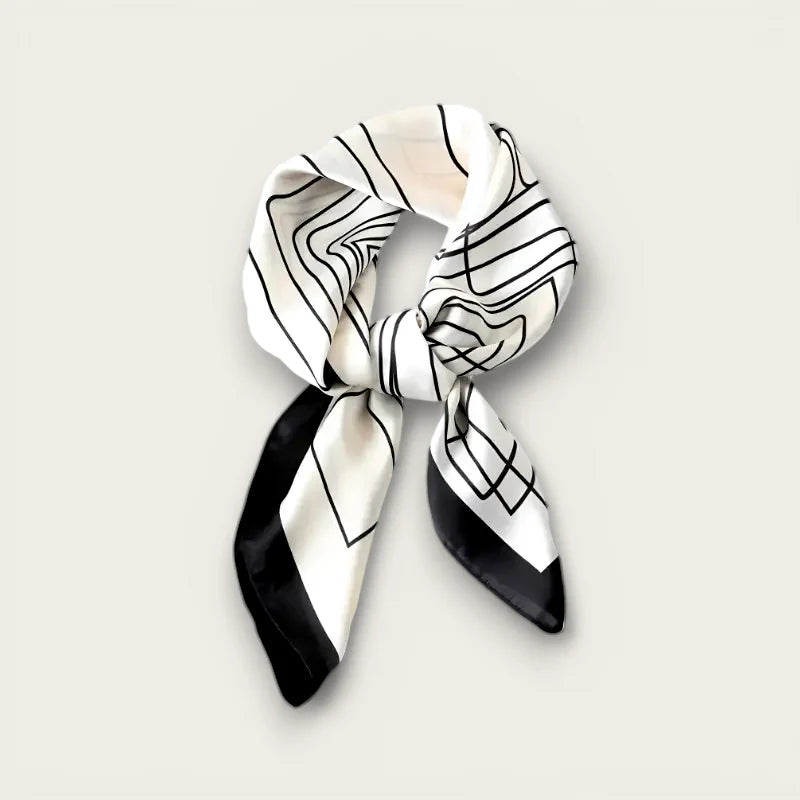 Classy Scarf: sleek white silk with bold black geometric lines