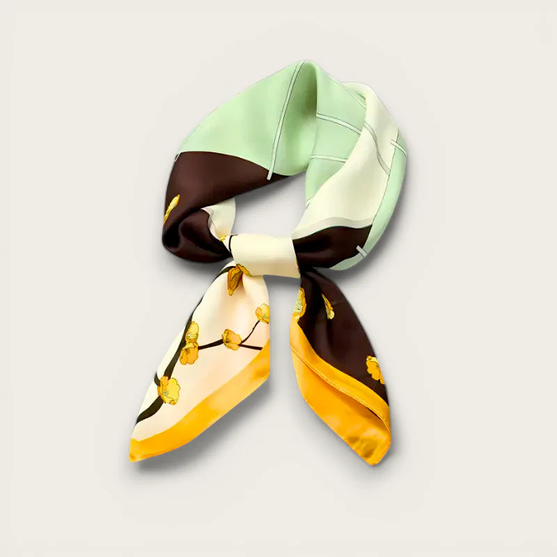Colorful hair scarf in mint green, cream, mustard with golden floral pattern