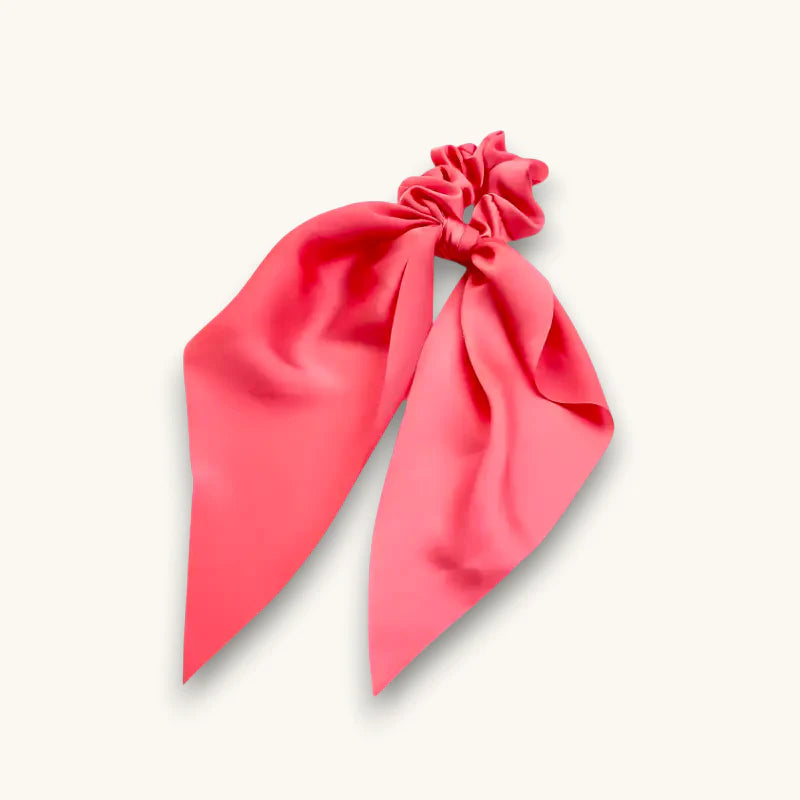 Vibrant coral pink satin Coral Red Scarf Scrunchie with tied bow