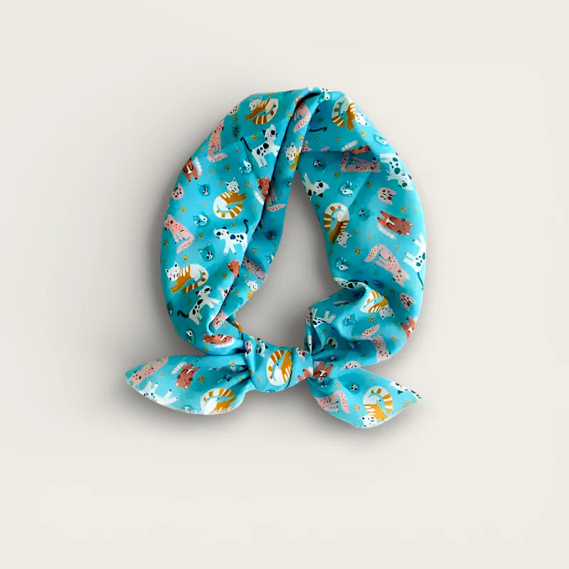 Vibrant turquoise Cotton Animal Print Scarf with cartoon cats and dogs knot