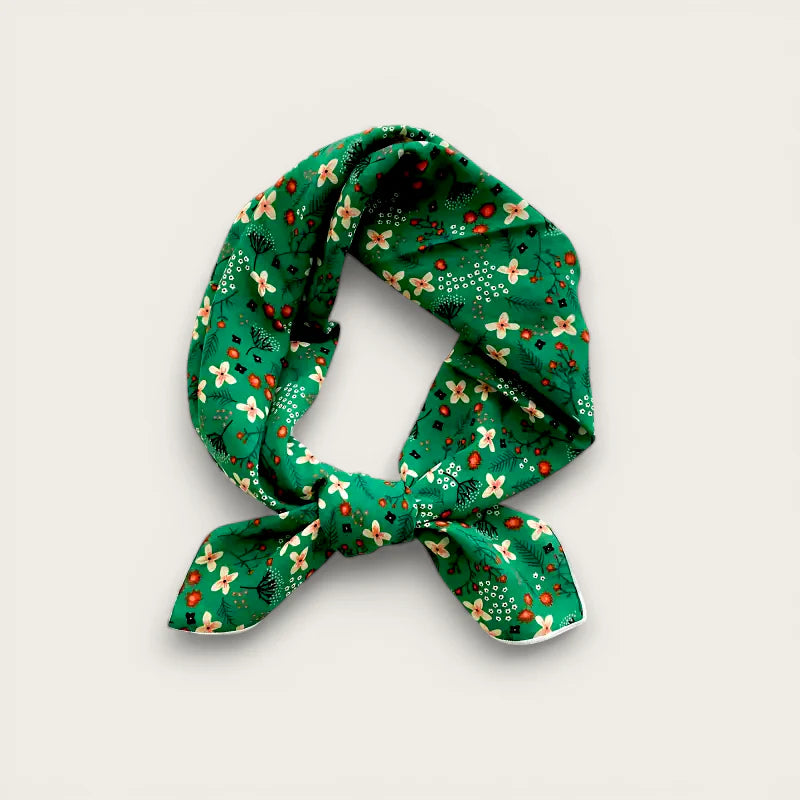 Vibrant green cotton fabric scarf with white orange blossoms black foliage