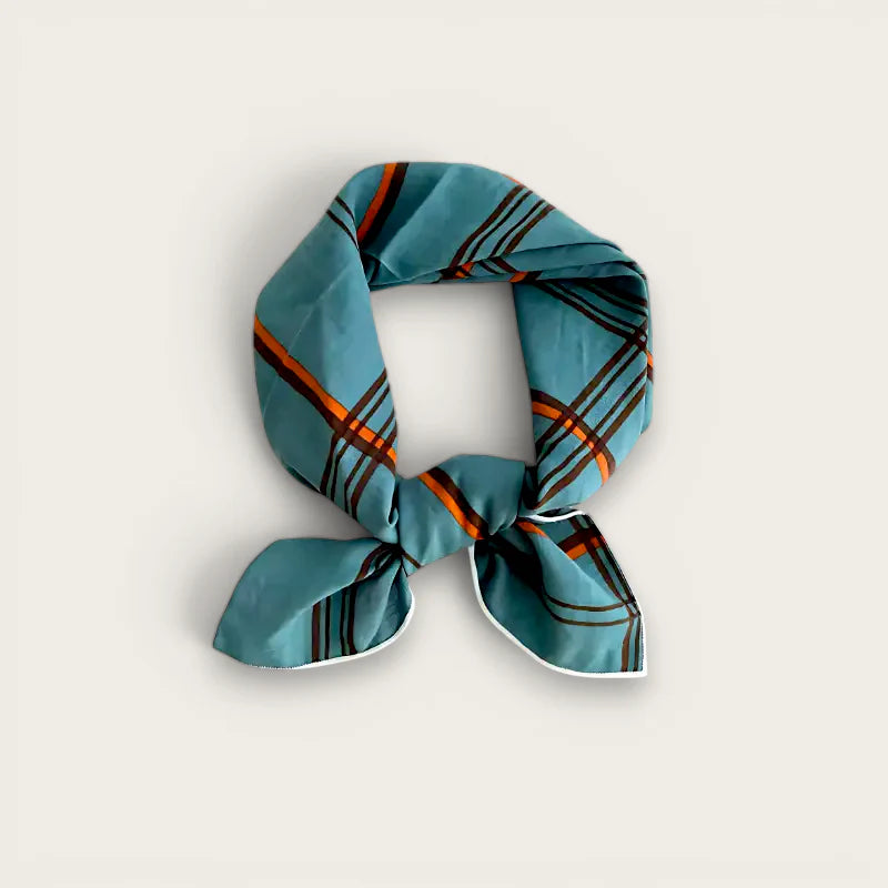 Teal plaid silk scarf with orange brown stripes white trim Cotton Flannel Scarf