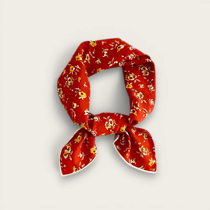 Vibrant red Cotton Kerchief Scarf with yellow white floral pattern trim
