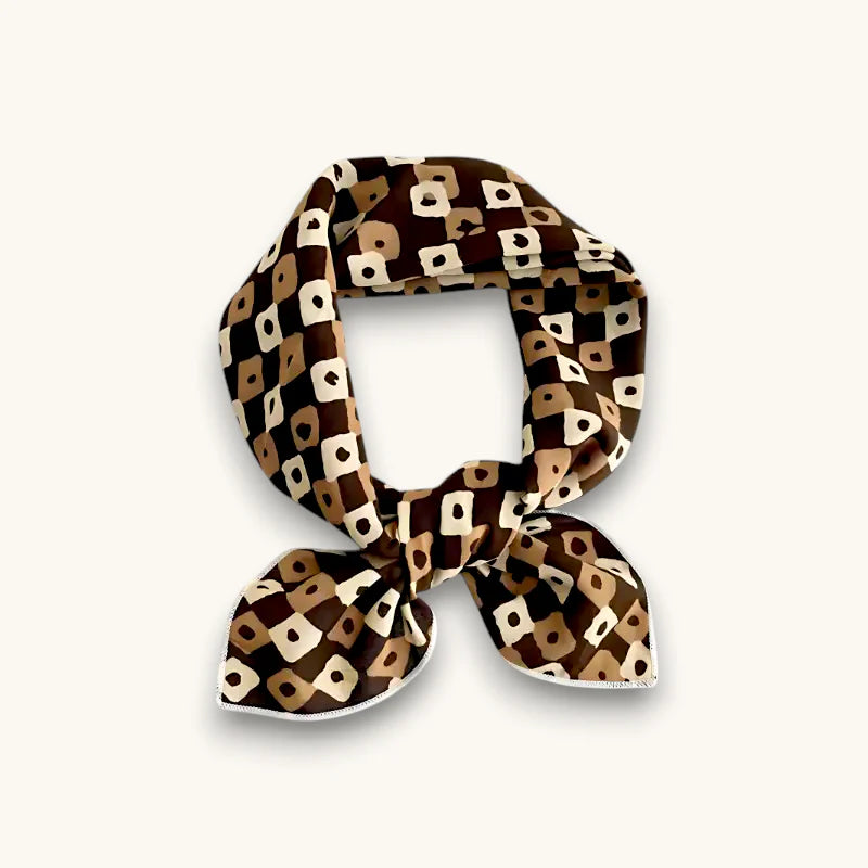 Brown and beige geometric silk scarf knotted for women