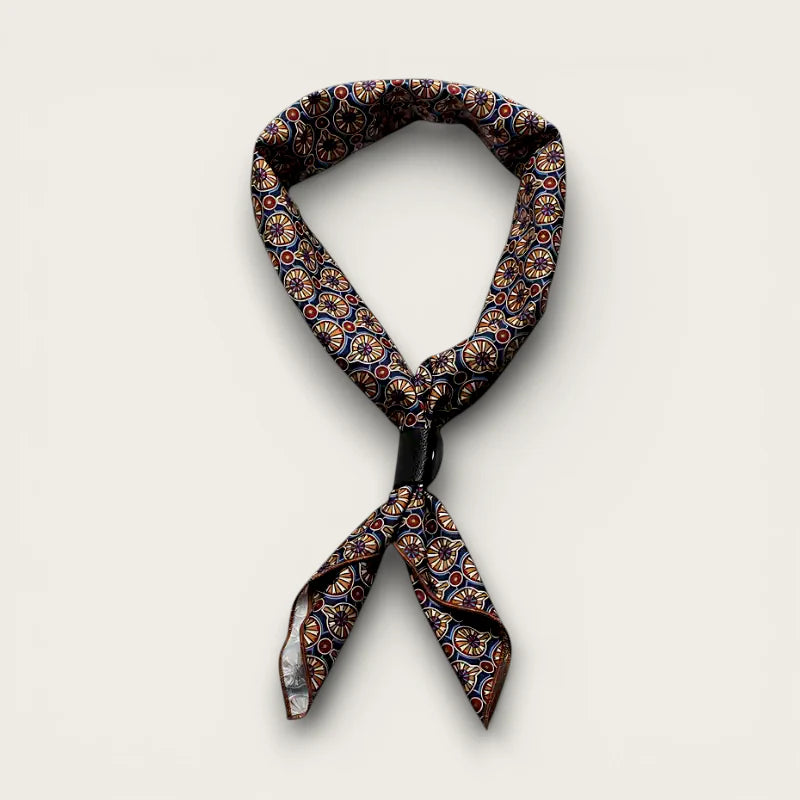 Dark blue silk Cotton Neckerchief with gold red circular patterns, knotted