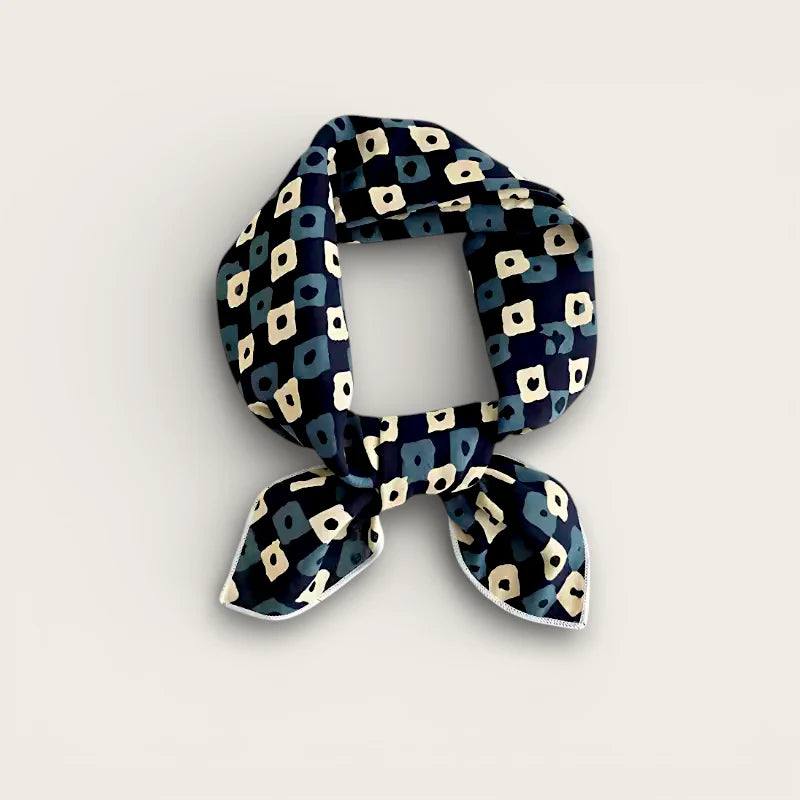 Cotton Scarf Winter: navy blue silk with cream teal geometric squares, white trim