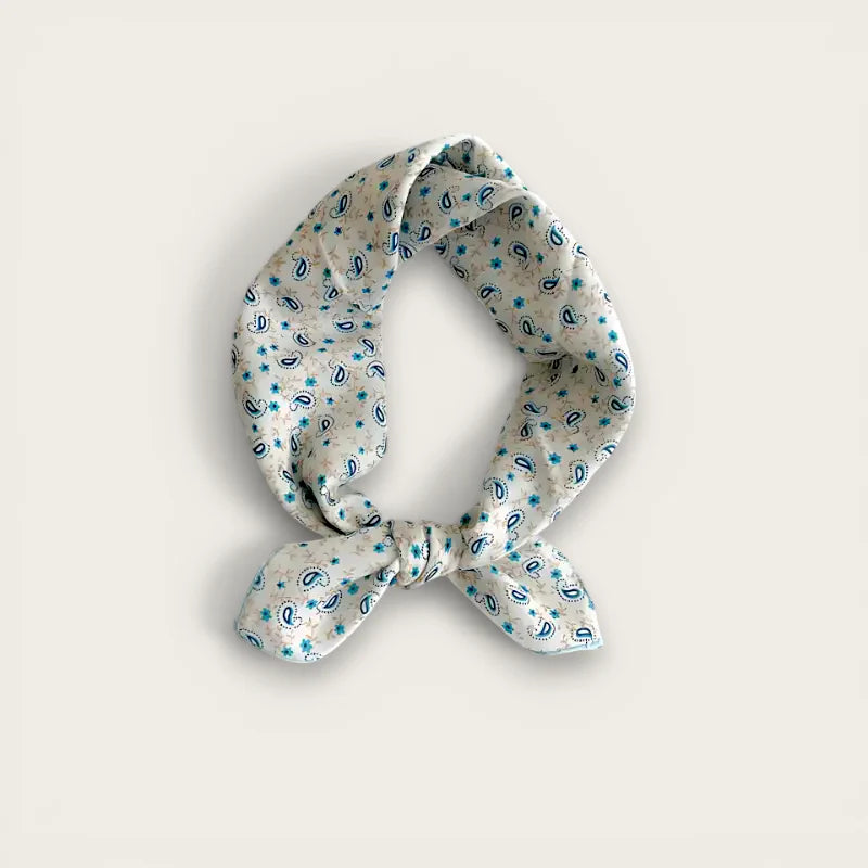 Cotton shawl scarf headband in white fabric with blue paisley star pattern bow