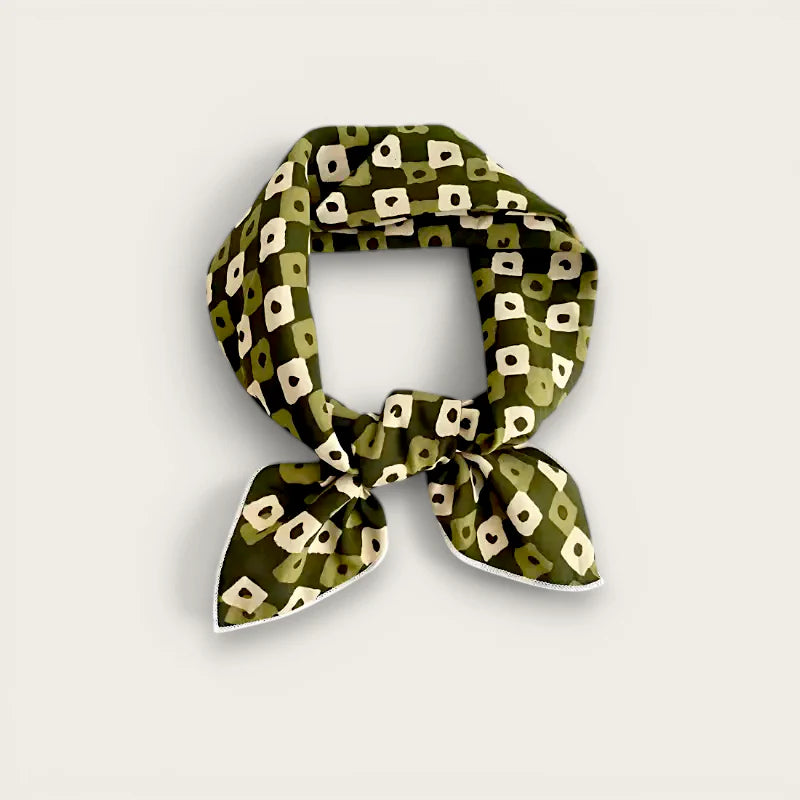 Olive green cotton square scarf with geometric cream and dark olive squares