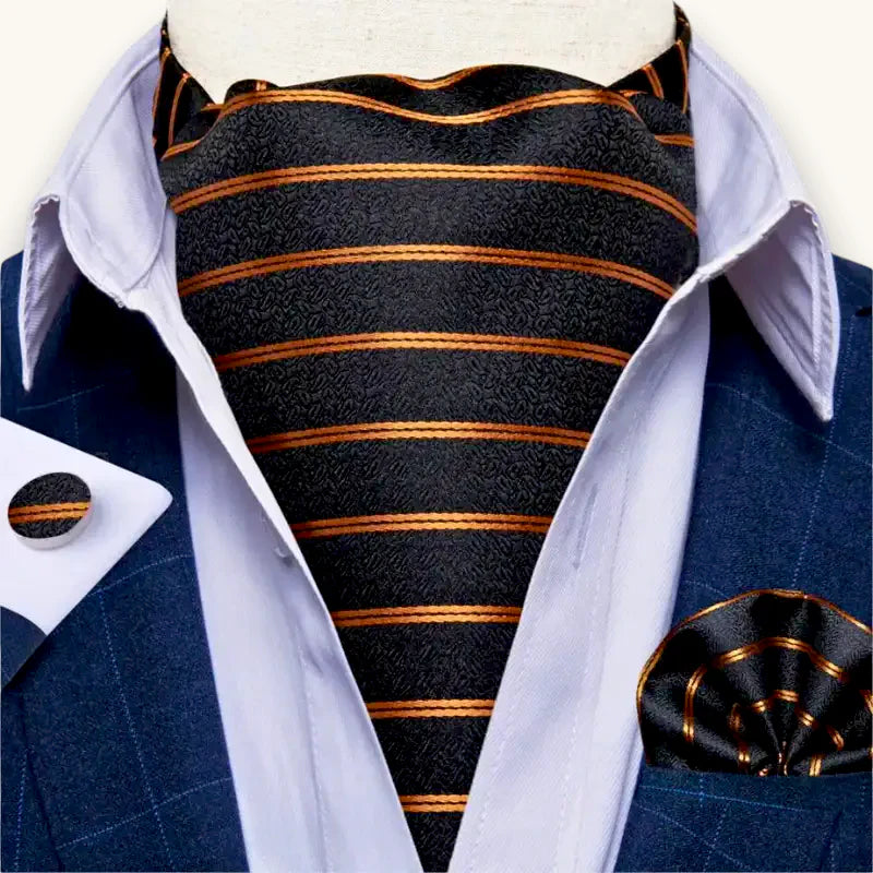 Cravat Ascot Tie: black cravat with bold orange stripes, textured fabric