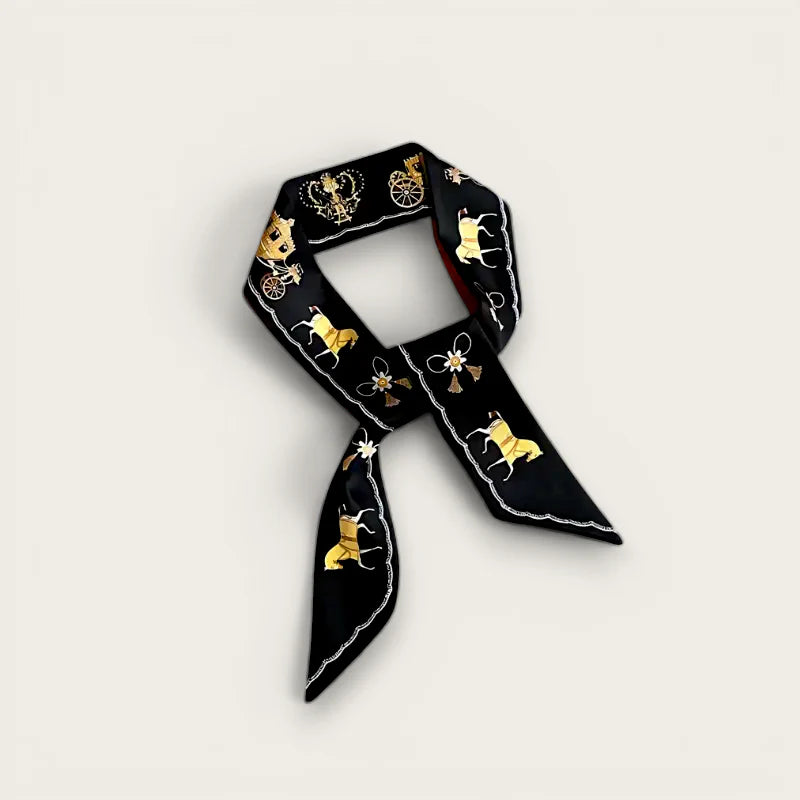Black silk Cute Bag Scarf with golden horse motifs and silver edges