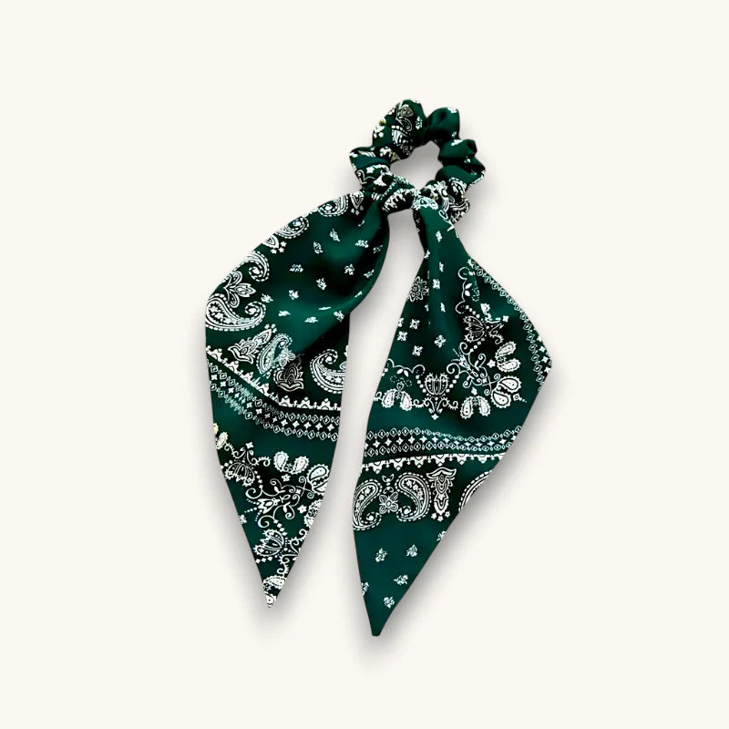 Emerald green satin bandana scrunchie with white paisley pattern