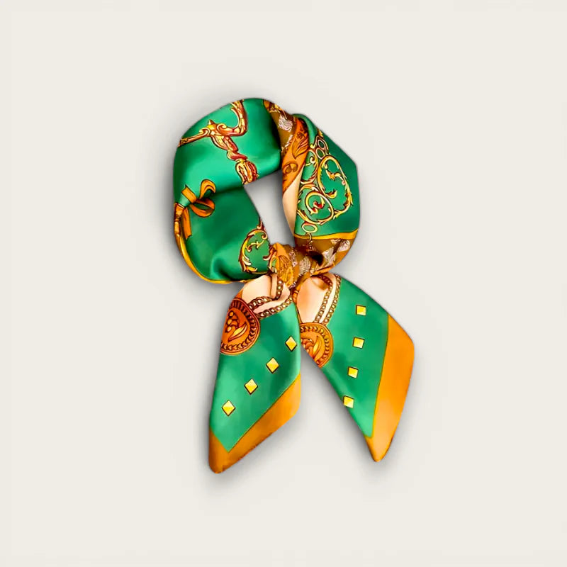 Dark green silk scarf with vibrant gold baroque patterns in ornate knot