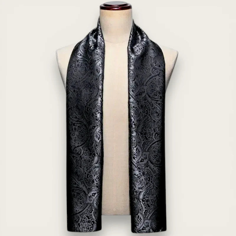 Elegant black satin scarf with silver paisley, Dark Grey Mens Silk Scarf