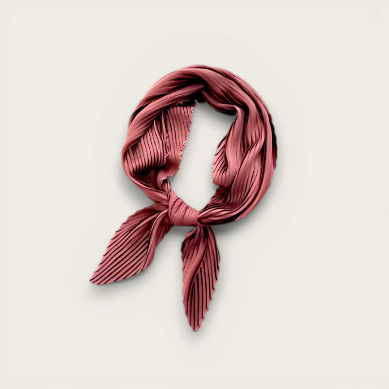 Dark pink silk scarf with soft rose-colored pleated fabric tied in a knot