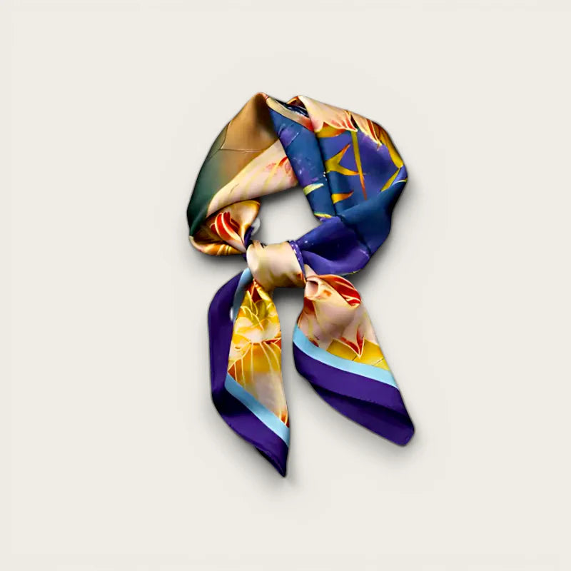 Dark Purple Scarf with vibrant floral silk pattern in purple, blue, yellow, orange